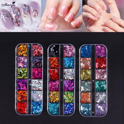 Monja 12 Grids/Box Mixed Color Heart Shape Nail Art Glitter Flake Natural Sparkly Sequins 3D Decal Decorations Nails Accessories