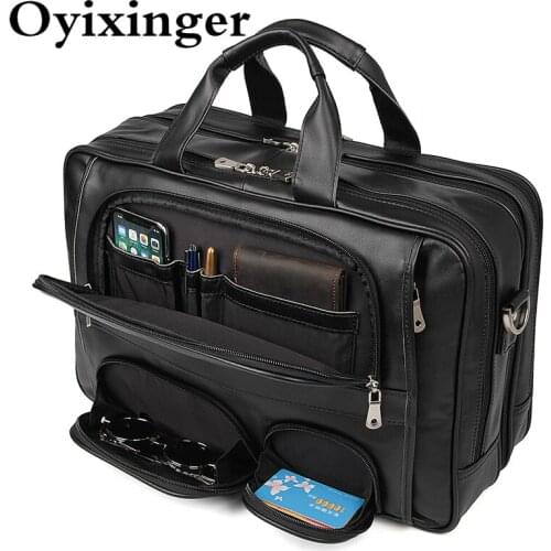 OYIXINGER Luxury Men Laptop Bag Retro Genuine Leather Business Briefcase Male Laptop Bags For 17" Macbook Hp Office Shoulder Bag