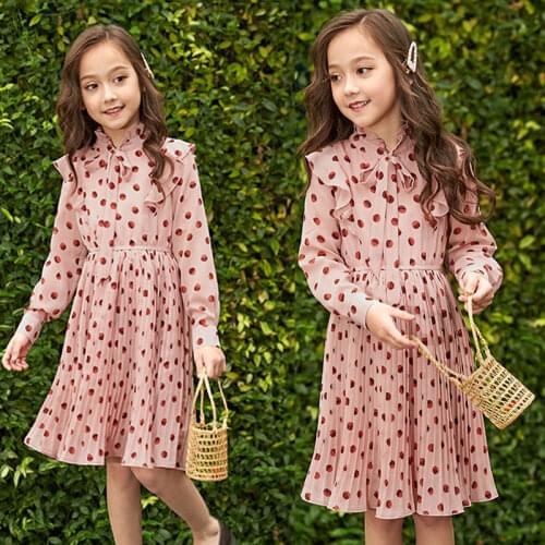 Girls Princess Dress Elegant Children Spring Autumn Long-Sleeved Dot Pleated Girl Dresses 8 to 9 Years Old Kids Clothes