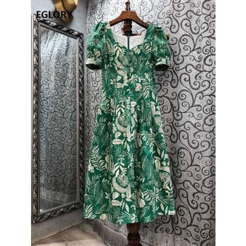 100%Cotton Dress New 2021 Summer Fashion Clothing Women Sexy Square Collar Golden Leaves Print Short Sleeve A-Line Green Dress
