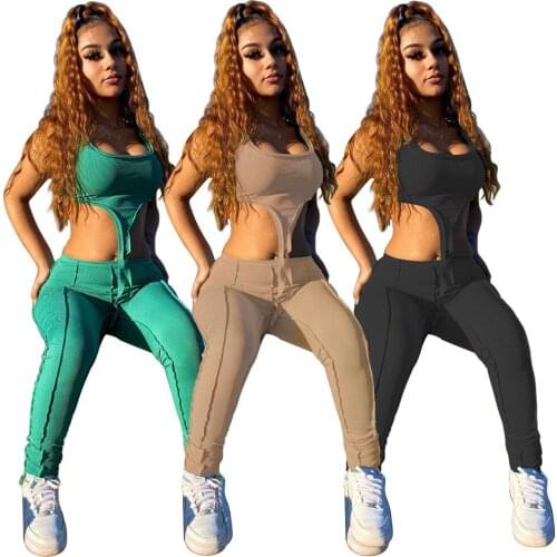 S-2XL summer women clothing 2021 2 piece outfit sexy club solid color ribbed sleeveless top and two piece pant set Wholesale