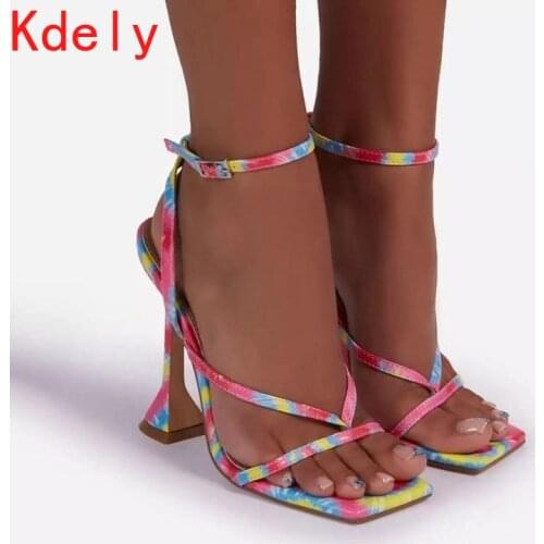Womens Sandals Ankle Cross Strap Female High Heels Square Toe Ladies V Shape Design Woman Pumps Party Dress Shoes Zapatos Mujer