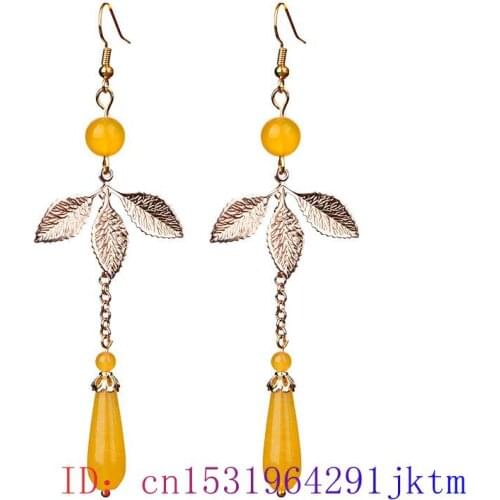 Yellow Jade Leaf Earrings Natural Gifts Zircon 925 Silver Crystal Jewelry Amulet Charm Fashion Gemstone Women Chalcedony