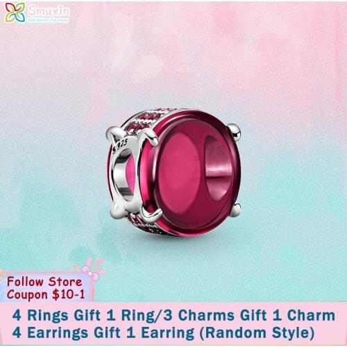 Smuxin 925 Sterling Silver Beads Fuchsia Rose Oval Cabochon Charm fit Original Pandora Bracelet for Women Jewelry Making Gift