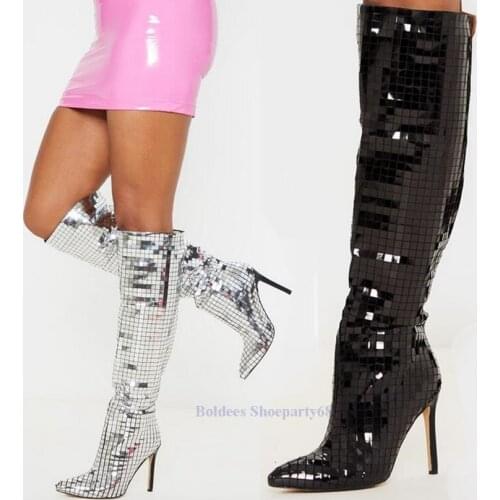 Thin Heeled Black Silvery Mirror Leather Pointed Toe Sexy Thin Heeled Woman Knee High Boots High Heel Long Botas Plus size