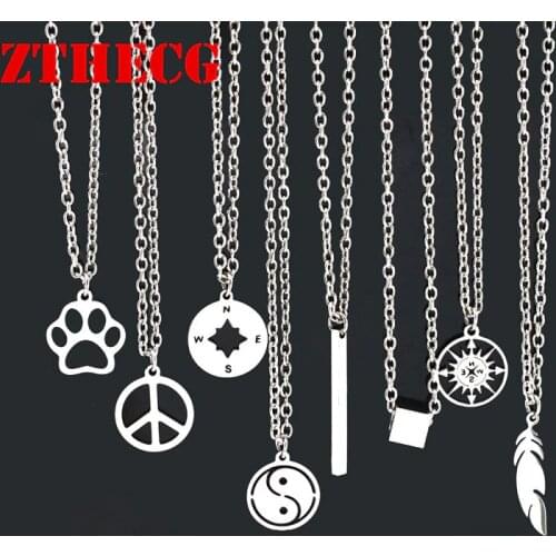 Trend Men Necklace Stainless Steel Compass Feather Long Chain Rectangular Pendant Necklace Women Statement Couples Choker Gifts