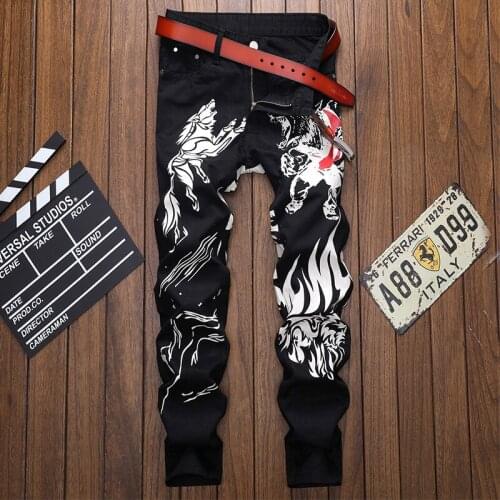 Spring and Autumn New Fashion Trend Youth Men Jeans Zipper Straight Slim Chinese Style Printed Male Jeans Denim Pants