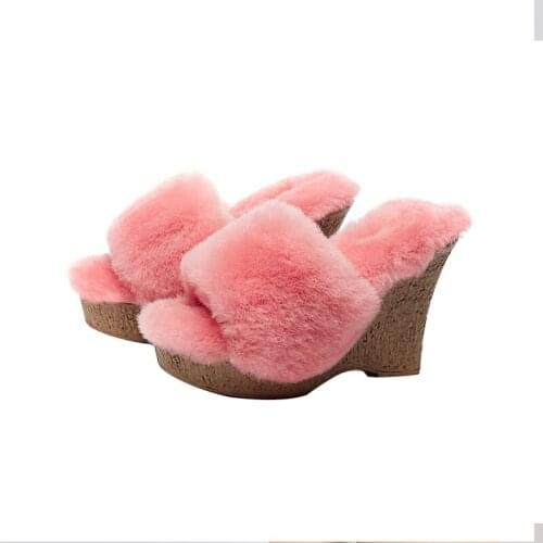 Womens Real Lambswool Fur Furry Platform Wedge High Heel Warm Winter Mules Slipper Plush Slides Shoes Thick 4Colors New 2022