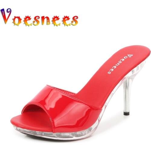 9.5cm womens Slippers 2021 Summer New High Heels Crystal Bottom Stiletto Womens Shoes Heels Sandals Red Open Toe Party Shoes