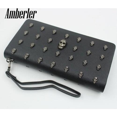 Amberler Women Wallet PU Leather Zipper Long Skull Clutch Bag High Quality Ladies Luxury Cards Holder Fashion Female Coin Purse