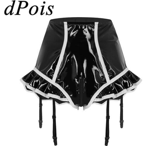 DPOIS Women Leather Underwear Latex Underpants Open Crotch Wetlook Panties Ladies High Waist Zip Bikini Briefs Triangle Garter