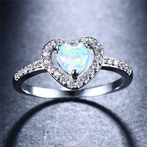 Boho Female White Blue Fire Opal Stone Ring Silver Color Wedding Band Ring Promise Love Heart Engagement Rings For Women