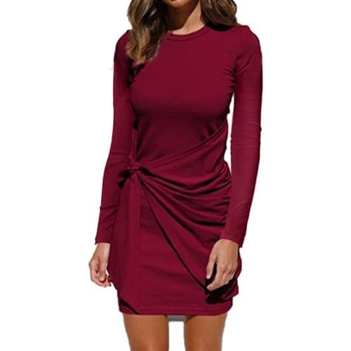 Ladies Women Solid Casual Dress Round Neck Long Sleeve Short Dresses Fashion Lace Up Knot Slim Fit Vestidos Outer Wear