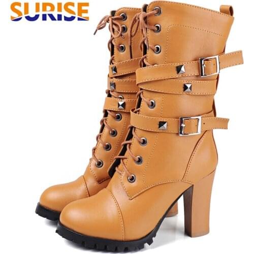 Winter Plush Women Mid-calf Boots High Chunky Heels Black Red Rivet Buckle Lace Zipper Punk Lady Motorcycle Platform Half Boots