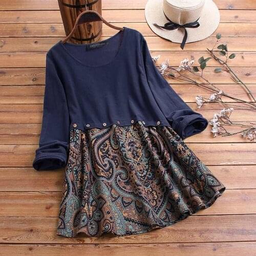2021 ZANZEA Womens Printed Patchwork Blouse Kaftan Tops Casual Long Sleeve Shirts Female Spring Blusas Plus Size Button Tunic 7