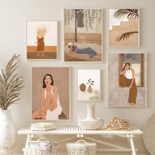 Abstract Fashion Girl Palm leaf Nordic Poster Modern Minimalist Wall Art Print Canvas Painting Decor Pictures For Living Room