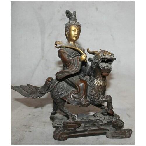 Bi001374 11' Chinese Buddhism Bronze Kwan-yin Guan Yin Goddess Ride Kylin Beast Statue