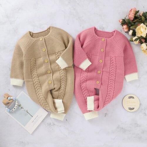 0-18M Warm Autumn Baby Clothes Newborn Baby Girl Boy Romper Knitted Long Sleeve Single Breasted O-Neck Jumpsuit Solid Costumes
