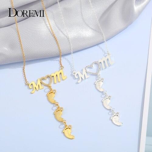 DOREMI Baby Feet Drop Pendant LOVE MOM Necklace Name Necklace Pendant Custom Birthdate Personalized Inlay CZ Heart Necklaces