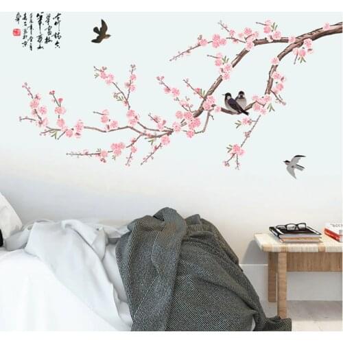 Two Magpies on Pink Plum Blossom Tree Branch Wall Stickers Home Decor Living Room Bedroom Hallway Decoration Wall Graphic Poster