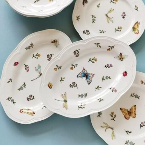 French retro gilt craftsmanship with insects and flowers embossed ceramic plates