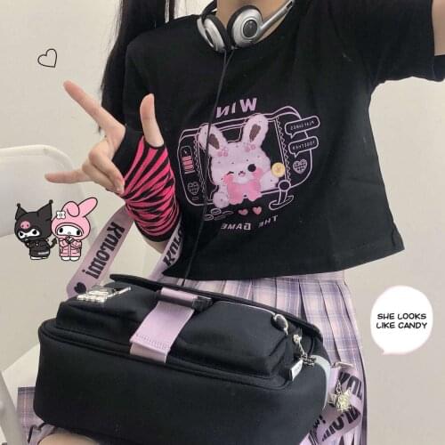 Japanese cute black short-sleeved t-shirt female 2021 new student loose hot girl sweet and cool short top female ins tide tops