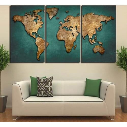 HD Printed 3 Piece Canvas Art World Map Canvas Painting Vintage Continent Wall Pictures for Living Room Free Shipping