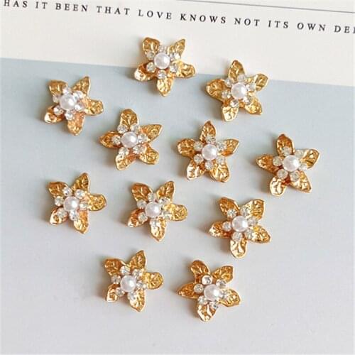 10 PCS 15mm Fashion Imitation Pearl With Rhinestone Flower Metal Base Handmade DIY Jewelry Accessories
