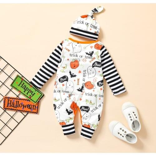 Halloween Newborn Baby Boys Romper Hats 1pcs 0-24M Cartoon Printed Long Sleeve Jumpsuits Outfits