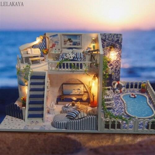 Children Santorini DIY Wooden Doll House with LED Light Handmade Furniture Miniature Model Crafts Toys Christmas Gift For Kids