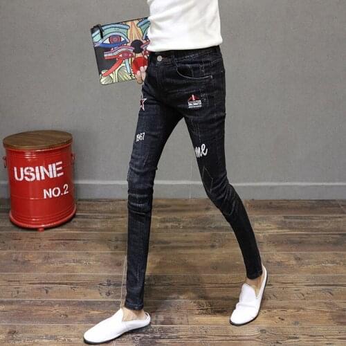 Fashion 2021 embroidered standard classic small feet pencil pants male Korean plus thin skinny black stretch slim denim trousers