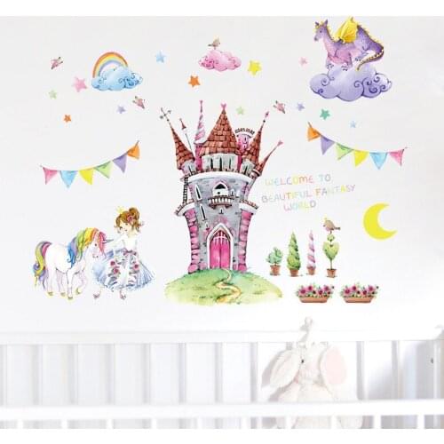 Cartoon Fairy tale world castle wall stickers beautiful princess unicorn dragon clouds kids room decor girl bedroom wall decals