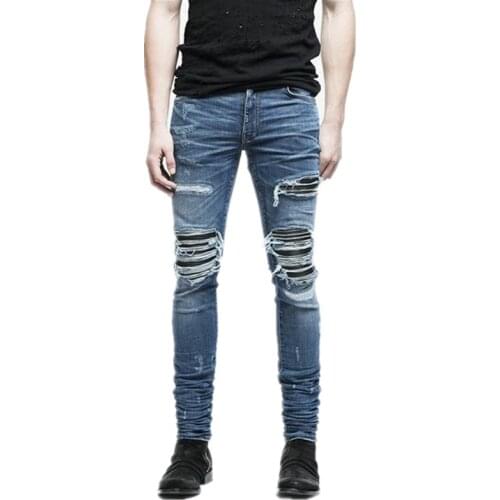 Men Fashion Brand Designer Ripped Biker Jeans Distressed Moto Denim Joggers Destroyed Knee black Leather Pleated Patch Jeans