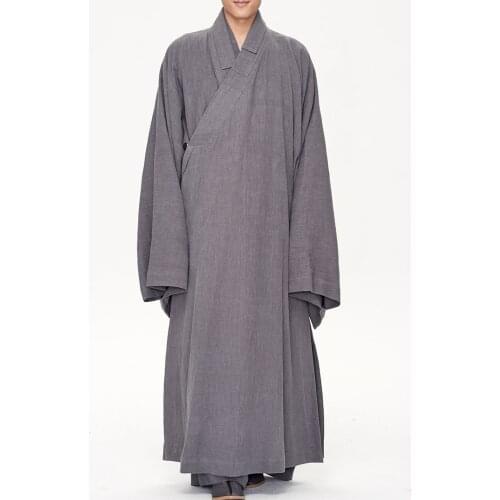 Unisex Autumn cotton&linen gray Zen meditation gown widen-sleeve monk suit coat lay robe garment uniform gray