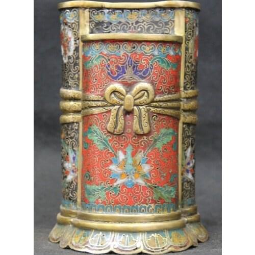 Song voge gem S1754 7 Chinese Cloisonne Enamel Bronze flower dragon Brush Pot pencil vase Marked