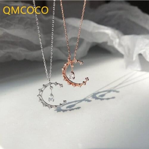 Korean Style 925 Silver Moon Necklace For Women Zircon Collarbone Chain Design Sweet Romantic Moon Water-Drop Pendant Necklace