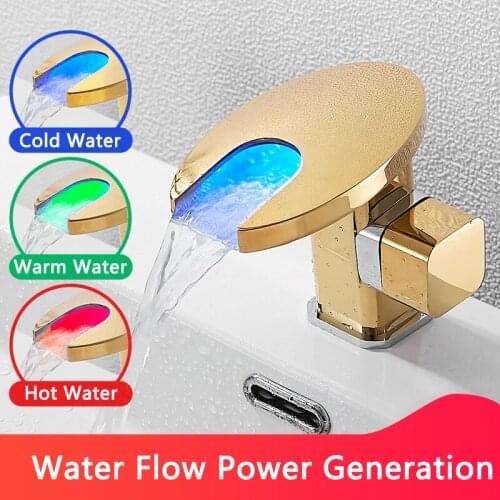 Luxury LED Gold Black White Chrome Basin Faucet Bathroom Single Handle Cold and Hot Water Flow Produces Electricity