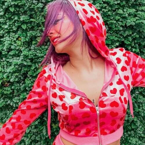 Pink Velvet Cute Y2K top Hoodies Women Heart Print Kawaii Jackets Zip Up Long Sleeve Cropped Female Sweatshirts Autumn Tops 2021