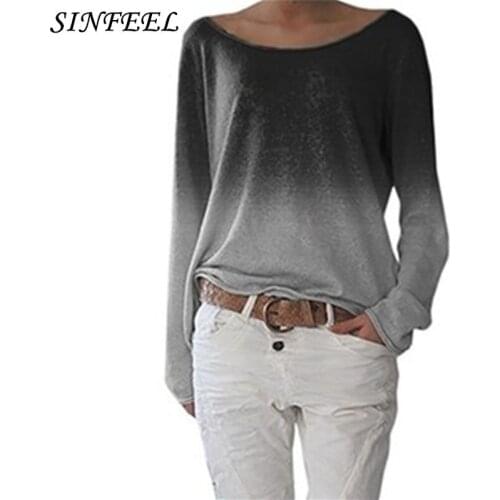 S-5XL Tee Shirt Gradient Color Basic T Shirt Women Casual O-neck Harajuku Long Sleeve Top Korean Hipster Tshirt Femme Plus Size