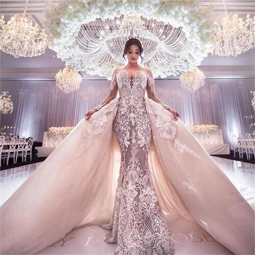 Champagne 2020 Wedding Dresses With Detachable Train Appliques Long Sleeves Mermaid Wedding Dress Jewel Neck Custom Made Robe