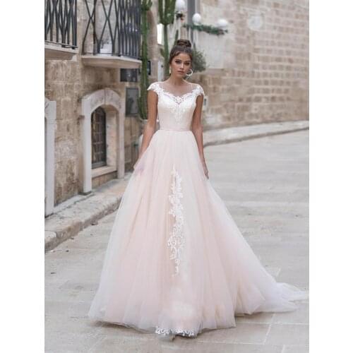 Wedding dress Lace wedding dress simple beautiful o-neck bridal dresses 3d flower buttons embroidery applique pink lace tailing