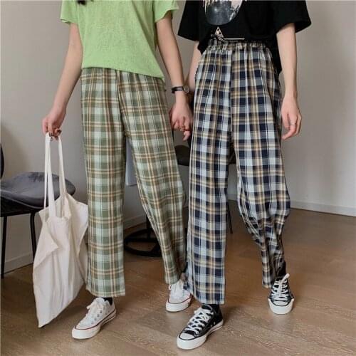 High Waist Straight Long Trousers Streetwear School Girl Pants Femme Summer Fashion Plaid Wide Leg Pants for Women Casual Loose