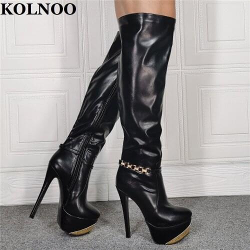 Kolnoo New Handmade Ladies High Heel Platform Boots Sexy Evening Club Knee-High Boots Real Photos Party Fashion Winter Shoes