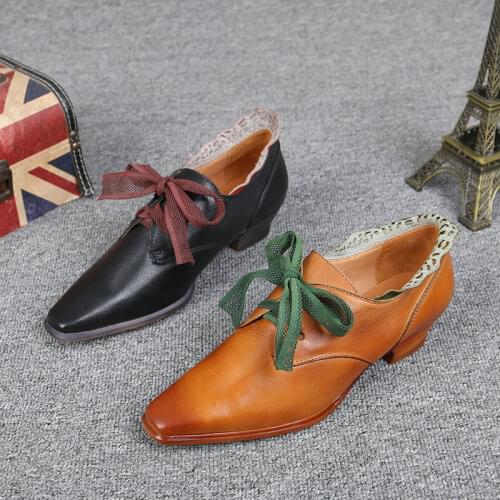 Womens Pointy Toe Retro Lace Genuine Leather Bowtie Strange Low Heel Pumps British Styles Shoes Cowboy Vintage New 2021
