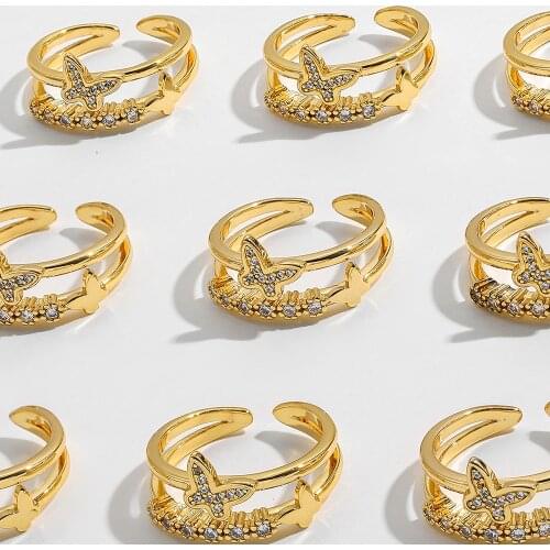 Charm CZ Zircon Butterfly Finger Ring for Women Gold Color Metal Double Layer Open Ring Wedding Girlfriend Birthday Gift Jewelry