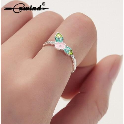 Cxwind Garden Cherry Flower Leaves Resizable Finger Rings for Women Valentines Day Gift Jewelry 2019 Open Ring bijoux femme