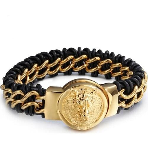 22CM *18MM Heavy Lion Wolf Head Bracelet Cool Men Genuine Leather Mens Bracelets Fashion Solid Gold Color Jewelry Wristbands