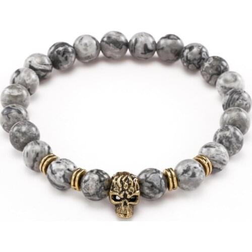 8mm uk6 micro pave cz zircon cubic zirconia elastic adjusted Charm nature stone yellow Tigereye bead skull Charm Bracelet