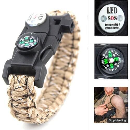 Survival Bracelet SOS LED Light 4mm Paracord Braided Rope Men Women Camping Outdoor Tools Emergency Compass Whistle