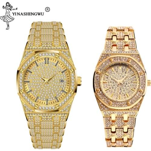 18K Gold Iced Out Lab Rhinestones Luxury Brand Stainless Steel Analog Quartz Waterproof Lovers Watch Set Gift Relogio Masculino